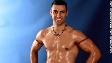 RIO DE JANEIRO, BRAZIL - AUGUST 08:  (BROADCAST - OUT) Pita Taufatofua of Tonga poses for a photo on the NBC Today show set at Copacabana Beach on August 8, 2016 in Rio de Janeiro, Brazil.  (Photo by Harry How/Getty Images)