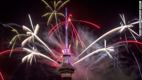 The SkyTower firework display during New Year's Eve celebrations on January 1, 2017 in Auckland, New Zealand. 
