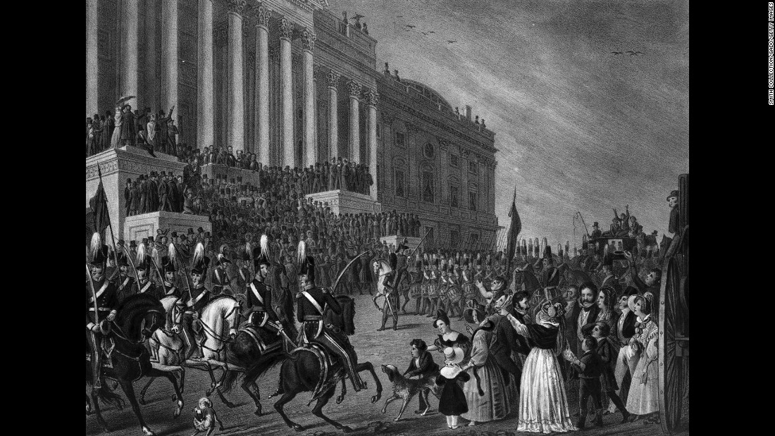 This lithograph shows the inauguration of William Henry Harrison in 1841. Harrison delivered the longest inaugural address in history (about 8,500 words). He caught a cold and died from pneumonia a month later.