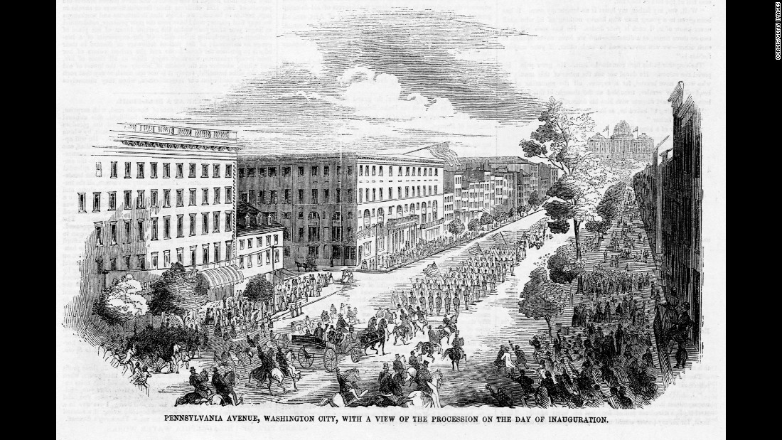 Military units precede Franklin Pierce&#39;s carriage down Pennsylvania Avenue during his inauguration day parade in 1853. Pierce broke the tradition of kissing the Bible during the swearing-in ceremony. He placed his left hand on it instead.