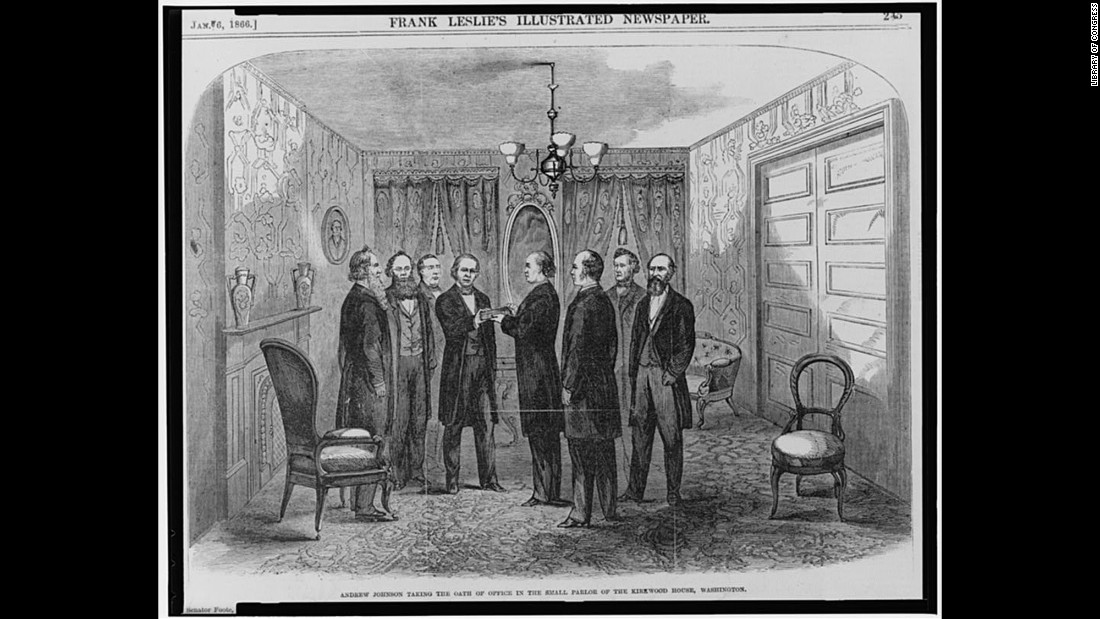 After the assassination of President Abraham Lincoln, Vice President Andrew Johnson assumed the presidency in a Washington hotel in 1865.