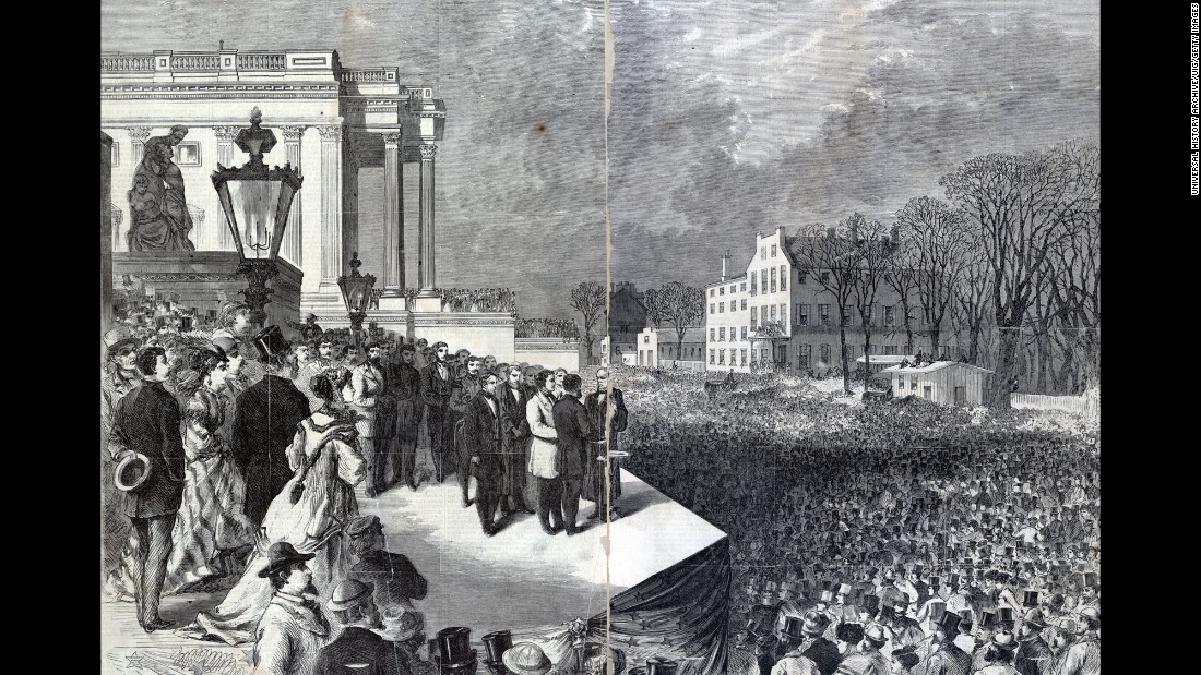 Ulysses S. Grant takes the oath of office in front of a large crowd in 1869. Grant, the former Army general who helped the Union win the Civil War, served two terms.