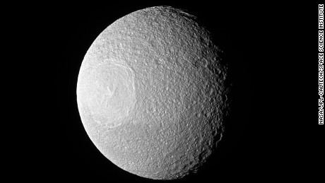 Tethys, one of Saturn's larger icy moons.