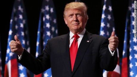 CLEVELAND, OH - JULY 21:  Republican presidential candidate Donald Trump gives two thumbs up to the crowd during the evening session on the fourth day of the Republican National Convention on July 21, 2016 at the Quicken Loans Arena in Cleveland, Ohio. Republican presidential candidate Donald Trump received the number of votes needed to secure the party&#39;s nomination. An estimated 50,000 people are expected in Cleveland, including hundreds of protesters and members of the media. The four-day Republican National Convention kicked off on July 18.  (Photo by Chip Somodevilla/Getty Images)