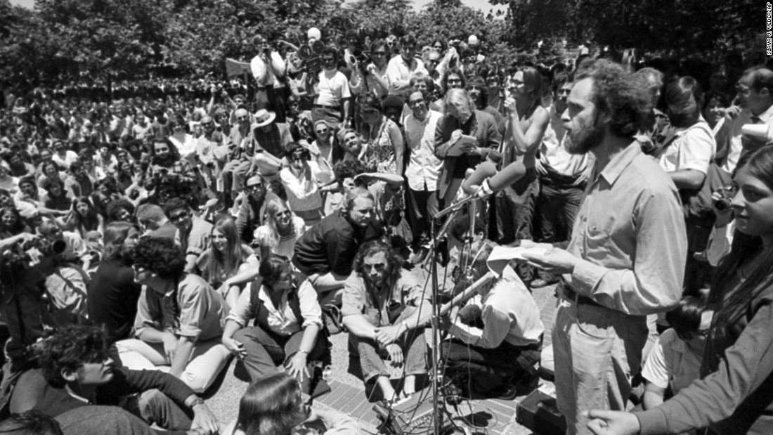 Mario Savio, right, one of the leaders of the 1964-65 Free Speech Movement at the &lt;strong&gt;University of California-Berkeley&lt;/strong&gt;, speaks at a &quot;Peoples Park&quot; rally on campus in June 1969. The movement, which protested the university&#39;s ban on student political activity, soon spread to other campuses.