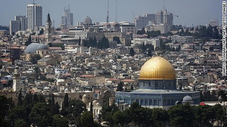 A picture shows the skyline of Jerusalem with the Dome of the Rock mosque, at the Al-Aqsa mosque compound in the city?s old city, where thousands of Muslim pilgrims crowded for the first Friday noon prayer of Ramadan on September 5, 2008. Israel beefed up its police deployments in Jerusalem as tens of thousands of Muslim faithful were expected to attend the first Friday prayers of Ramadan at the Al-Aqsa mosque compound in the Old City. AFP PHOTO/MARCO LONGARI (Photo credit should read MARCO LONGARI/AFP/Getty Images)