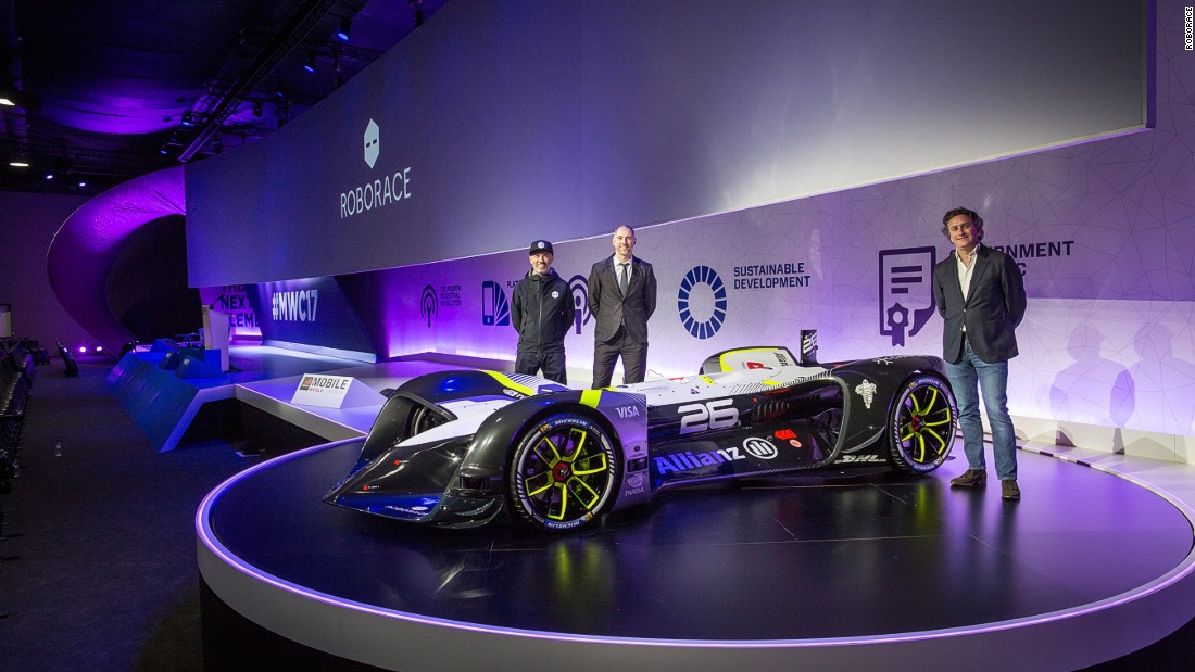 The car was unveiled at the Mobile World Congress in Barcelona. Denis Sverdlov, Roborace CEO (left) CDO Daniel Simon (center), and Formula E CEO Alejandro Agag (right) attended the car&#39;s launch.