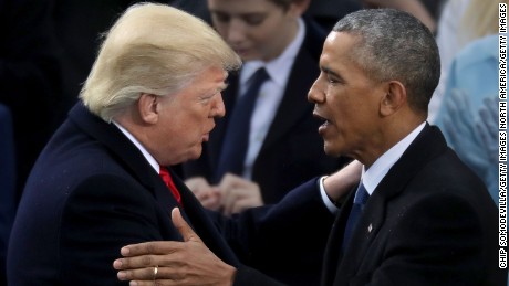 WASHINGTON, DC - JANUARY 20:  Former U.S. President Barack Obama (R) congratulates U.S. President Donald Trump after he took the oath of office on the West Front of the U.S. Capitol on January 20, 2017 in Washington, DC. In today&#39;s inauguration ceremony Donald J. Trump becomes the 45th president of the United States.  (Photo by Chip Somodevilla/Getty Images)