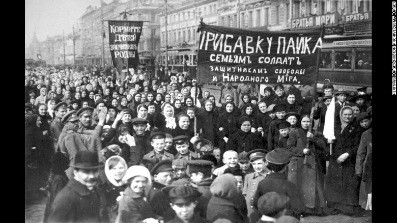 Workers strike in 1917 on the first day of Russia&#39;s February Revolution in the capital Petrograd, now known as St Petersburg.