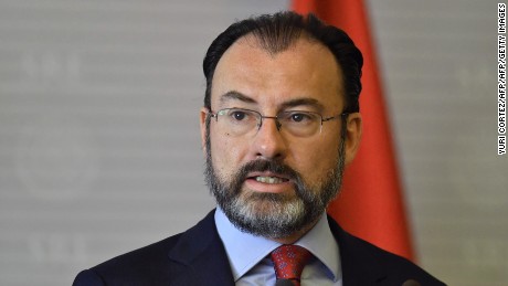 Mexican Foreign Minister Luis Videgaray, delivers a speech next to Turkish Foreign Minister Mevlut Cavusoglu (out of frame) during a press conference at the Foreign Ministry building in Mexico City on February 3, 2017.  
Mevlut is on a Latin American and Caribbean countries tour. / AFP / YURI CORTEZ        (Photo credit should read YURI CORTEZ/AFP/Getty Images)