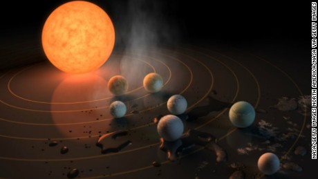UNSPECIFIED:  In this NASA digital illustration handout released on February 22, 2017, this artist's concept will appear on the February 23rd, 2017 cover of the journal Nature announcing that the TRAPPIST-1 star, an ultra-cool dwarf, has seven Earth-size planets orbiting it. Any of these planets could have liquid water on them. Planets that are farther from the star are more likely to have significant amounts of ice, especially on the side that faces away from the star. The system has been revealed through observations from NASA's Spitzer Space Telescope as well as other ground-based observatories, and the ground-based TRAPPIST telescope for which it was named after. (Photo digital Illustration by NASA/NASA via Getty Images)