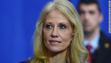 Counselor to the President Kellyanne Conway, listens as US President Donald Trump speaks at American Center for Mobility in Ypsilanti, Michigan on March 15, 2017. 
