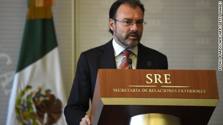 Mexican Foreign Minister Luis Videgaray delivers a message to the media at the Mexican Foreign Ministry building, on March 17, 2017 in Mexico City. / AFP PHOTO / Pedro PARDO        (Photo credit should read PEDRO PARDO/AFP/Getty Images)