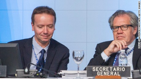 OAS Chief of Staff Gonzalo Koncke (L), Organization of American States (OAS) Secretary General, Uruguayan Luis Almagro (C) and Dominican Minister of Foreign Affairs Andres Navarro take part in the Organization of American States (OAS) 46th General Ordinary Assembly in Santo Domingo on June 15, 2016.
Venezuela has asked its regional neighbors to meet next week with international mediators trying to help settle the country's economic and political crisis, officials said Wednesday. / AFP / afp / ERIKA SANTELICES        (Photo credit should read ERIKA SANTELICES/AFP/Getty Images)