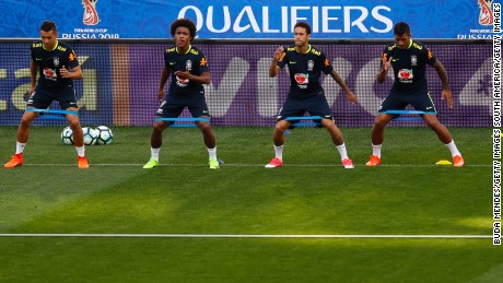 SAO PAULO, BRAZIL - MARCH 26: (L-R) Marquinhos, Willian, Neymar and Paulinho of Brazil in action during a training session at Arena Corinthians on March 26, 2017 in Sao Paulo, Brazil. (Photo by Buda Mendes/Getty Images)