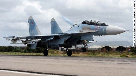 A Russian Sukhoi Su-35 bomber lands at the Russian Hmeimim military base in Latakia province, in the northwest of Syria on May 4, 2016.
Syria&#39;s conflict erupted in 2011 after anti-government protests were put down. Fighting quickly escalated into a multi-faceted war that has killed more than 270,000 people and forced millions from their homes. / AFP / Vasily Maximov / MOY        (Photo credit should read VASILY MAXIMOV/AFP/Getty Images)
