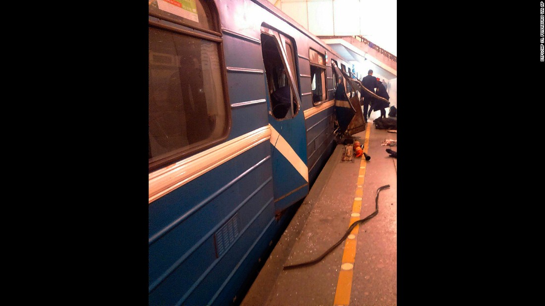 The damaged train car is seen at the Tekhnologichesky Institut station in St. Petersburg. Dozens were reported injured in the blast.