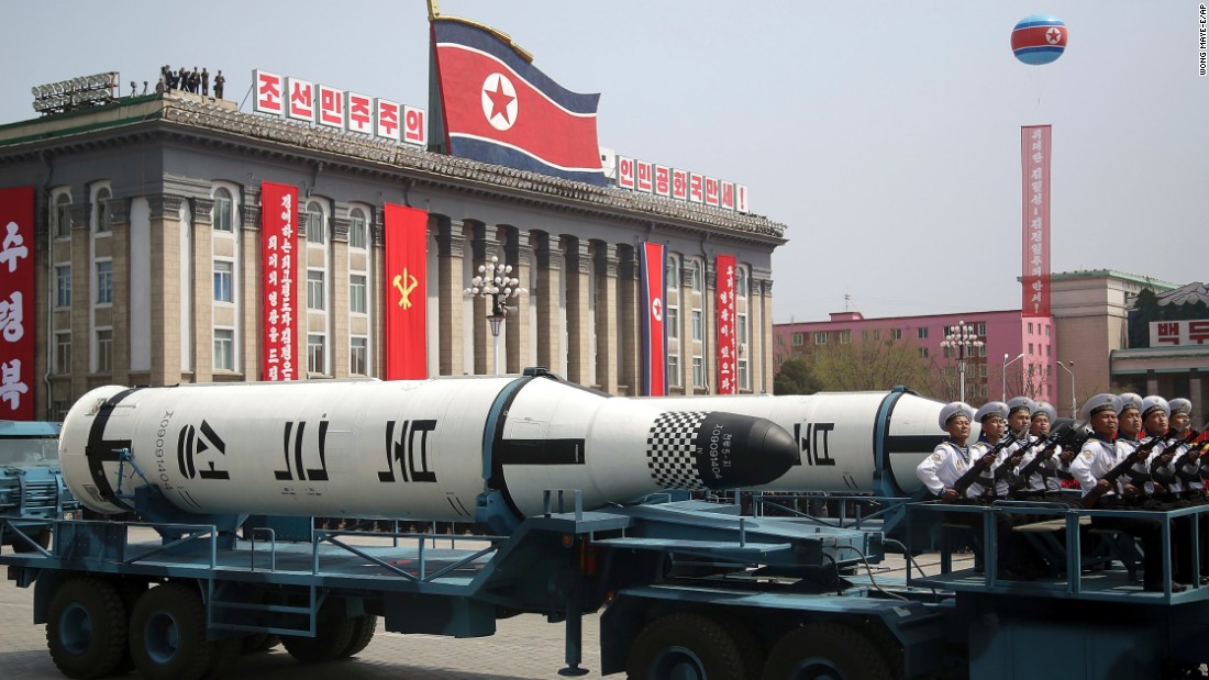 A submarine-launched ballistic missile is displayed during the parade.