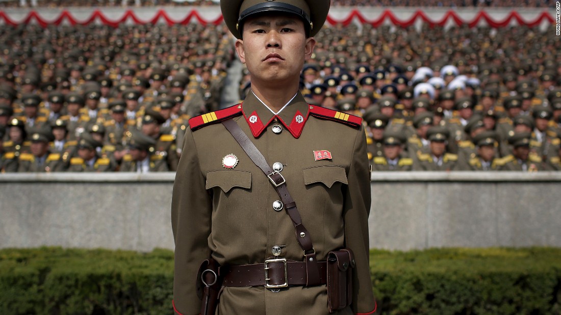 A soldier stands guard at the Kim Il Sung Square.