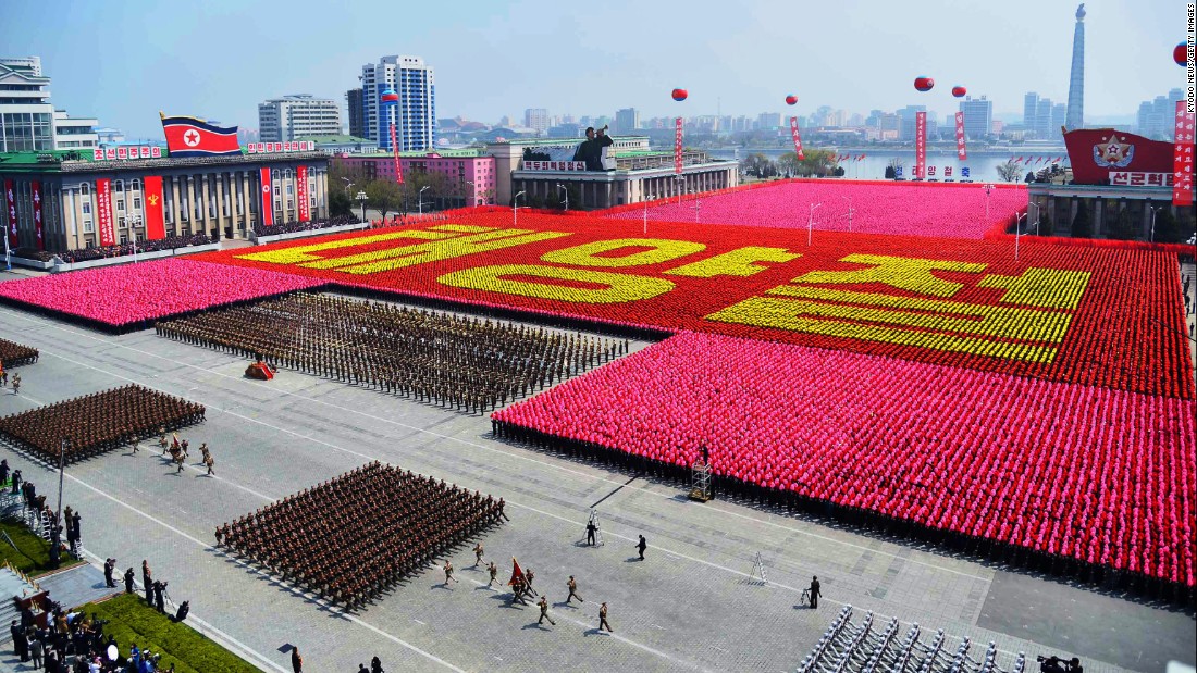 Korean citizens spell out &quot;Day of the Sun&quot; in Kim Il Sung Square.