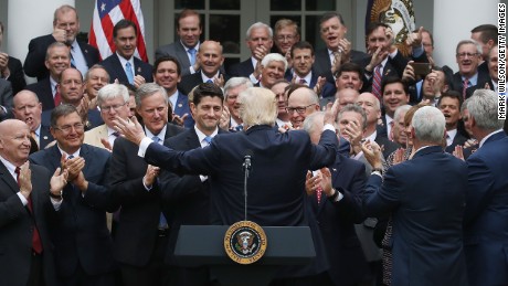This is the photo that inspired social media outrage.  President Donald Trump congratulates House Republicans at a recent White House event after they passed a bill aimed at  replacing ObamaCare. Critics said the image of all white men making decisions for the rest of America looked outdated and tone-deaf.