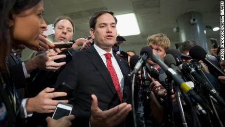 U.S. Sen. Marco Rubio speaks to the media after the closed briefing May 18, 2017 on Capitol Hill in Washington, DC. Rosenstein participated in a closed briefing for senators to discuss the removal of former FBI Director James Comey. 