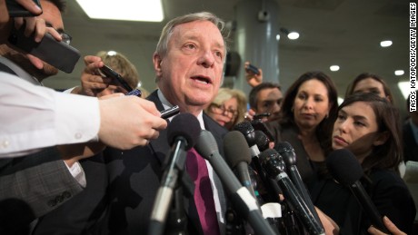 U.S. Sen Dick Durbin speaks to the media after the closed briefing May 18, 2017 on Capitol Hill in Washington, DC. Rosenstein participated in a closed briefing for senators to discuss the removal of former FBI Director James Comey.