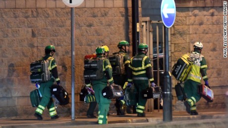 Medics deploy at the scene of a reported explosion during a concert in Manchester, England on May 23, 2017. 
British police said early May 23 there were &quot;a number of confirmed fatalities&quot; after reports of at least one explosion during a pop concert by US singer Ariana Grande. Ambulances were seen rushing to the Manchester Arena venue and police added in a statement that people should avoid the area
 / AFP PHOTO / Paul ELLIS        (Photo credit should read PAUL ELLIS/AFP/Getty Images)