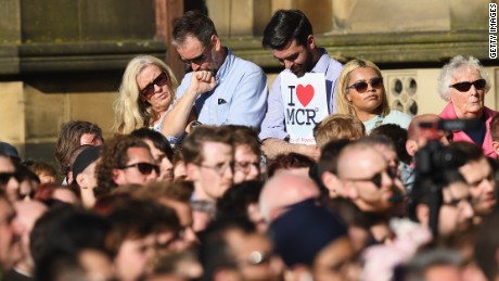 MANCHESTER, ENGLAND - MAY 23:  Members of the public gather at a candlelit vigil, to honour the victims of Monday evening&#39;s terror attack, at Albert Square on May 23, 2017 in Manchester, England. Monday&#39;s explosion occurred at Manchester Arena as concert goers were leaving the venue after Ariana Grande had just finished performing. Greater Manchester Police are treating the explosion as a terrorist attack and have confirmed 22 fatalities and 59 injured.  (Photo by Leon Neal/Getty Images)
