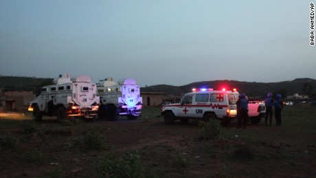 United Nations armored personnel vehicles are stationed with an ambulance outside Campement Kangaba, a tourist resort near Bamako, Mali, Sunday, June 18, 2017. A security official says suspected jihadists have attacked the resort in Mali's capital that is popular with foreigners on the weekends. The official with the U.N. mission known as MINUSMA, said people had been killed and wounded but gave no immediate toll. There also were believed to be hostages inside the luxury resort area. The people inside the Campement Kangaba hotel come from multiple nationalities, he added. (AP Photo/Baba Ahmed)