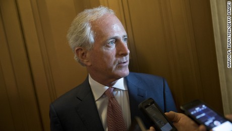 Sen. Bob Corker (R-TN) speaks to reporters on Capitol Hill May 10, 2017 in Washington, DC. Senators from both parties are scrambling to react to President Donald Trump&#39;s surprise dismissal of FBI Director James Comey.