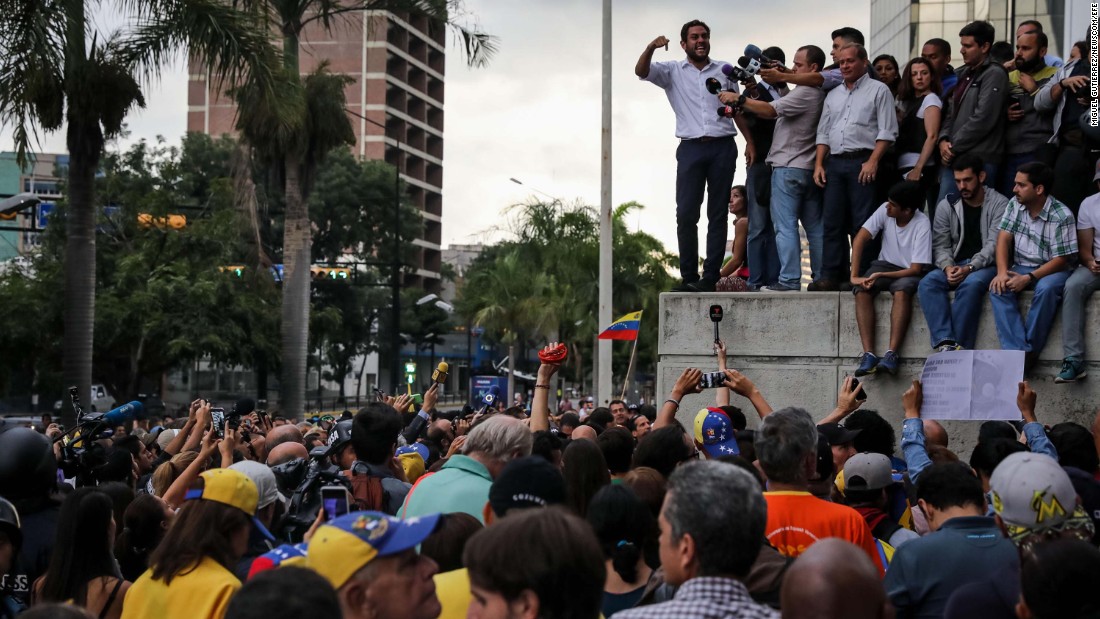 Opposition lawmaker Juan Requesens addresses a rally in Caracas on July 31. Two other leading opposition figures, Leopoldo Lopez and Antonio Ledezma,&lt;a href=&quot;http://www.cnn.com/2017/08/01/americas/venezuela-election-unrest/index.html&quot;&gt; were rounded up from their homes,&lt;/a&gt; according to their families.