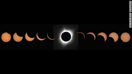 This composite image of eleven pictures shows the progression of a total solar eclipse at Madras High School in Madras, Oregon on Monday, August 21, 2017. A total solar eclipse swept across a narrow portion of the contiguous United States from Lincoln Beach, Oregon to Charleston, South Carolina. A partial solar eclipse was visible across the entire North American continent along with parts of South America, Africa, and Europe.