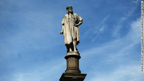 A 76-foot statue of Christopher Columbus stands in New York City&#39;s Columbus Circle. 