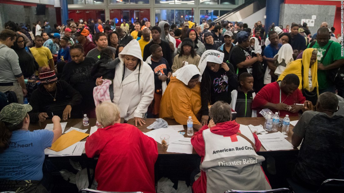 Thousands take shelter at the George R. Brown Convention Center in Houston on August 28.