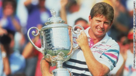 Golfer Nick Price of Zimbabwe with the trophy after winning the U.S. PGA Championship at the Bellerive Country Club, St. Louis, Missouri, 16th August 1992.  (Photo by Stephen Munday/Getty Images)