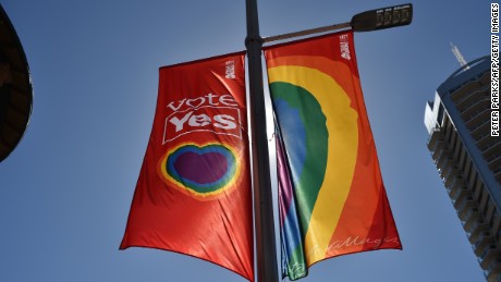 A &quot;Vote Yes&quot; banner in support of same sex-marriage hangs on a street in Sydney on September 5, 2017. 
Same-sex marriage advocates launched legal action in Australia&#39;s highest court on September 5, 2017 against a controversial government plan for a postal vote on the issue, calling it divisive and harmful. / AFP PHOTO / PETER PARKS        (Photo credit should read PETER PARKS/AFP/Getty Images)