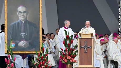 Pope Francis (R) gives an open air mass in Villavicencio, Colombia, on September 8, 2017 during which he will beatify Colombian Bishop Jesus Jaramillo (painting on the left) and priest Petro Maria Ramirez. 
Pope Francis urged Colombians to avoid seeking "vengeance" for the sufferings of their country's half-century civil conflict as they work towards a lasting peace. / AFP PHOTO / Luis ACOSTA        (Photo credit should read LUIS ACOSTA/AFP/Getty Images)