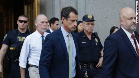 Former Congressman Anthony Weiner (D-N.Y.), center, leaves federal court following his sentencing, Monday, Sept. 25, 2017, in New York. Weiner was sentenced to 21 months in a sexting case that rocked the presidential race.