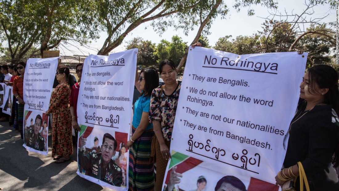 Ma Ba Tha, Buddhist extremists, protest the use of the word &quot;Rohingya&quot; as a Rakhine donation ship from Malaysia arrives on February 9, 2017 in Yangon, Myanmar. 