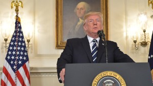 US President Donald Trump delivers a statement on the Las Vegas shooting from the Diplomatic Reception Room of the White House on October 2, 2017. 