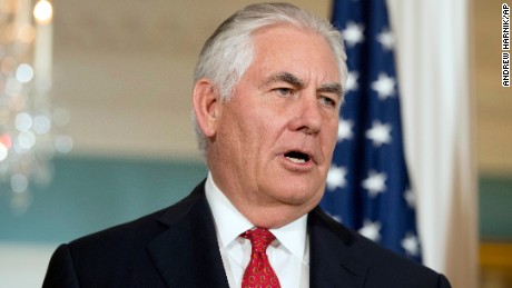 Secretary of State Rex Tillerson answers a reporters question while greeting Organization of American States Secretary-General Luis Almagro at the State Department, Friday, Oct. 13, 2017, in Washington. 