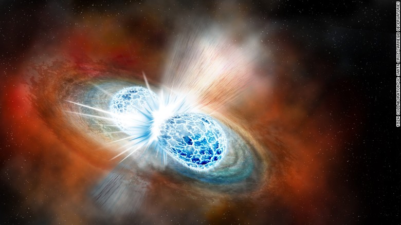 This is an artist&#39;s representation of two neutron stars colliding, which astronomers witnessed for the first time on August 17. The rippling space-time grid represents gravitational waves that travel out from the collision, while the narrow beams show the bursts of gamma rays that are shot out just seconds after the gravitational waves. Swirling clouds of material ejected from the merging stars are also depicted. The clouds glow with visible and other wavelengths of light.