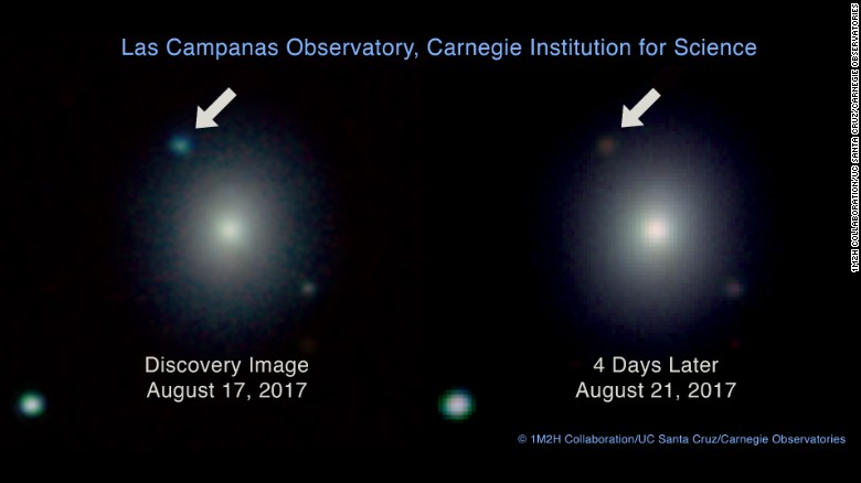 On the left, this Carnegie Observatories image shows the brightness of the stars colliding in the upper left corner on the day it happened. This is juxtaposed with the image on the right of the reddish-brown color as the collision cooled in the days after. 