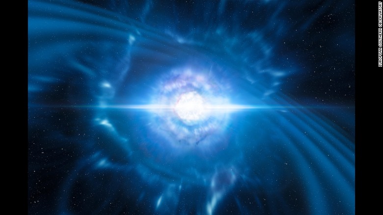This is another artist&#39;s impression of two tiny but very dense neutron stars at the point at which they merge and explode as a kilonova. 