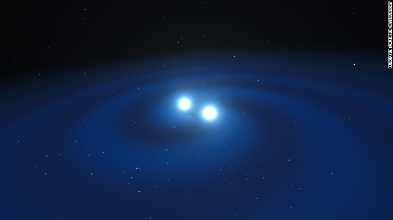 This artist&#39;s impression shows the spiral death dance of the two stars before colliding.