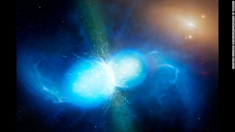 Another artist&#39;s illustration showing the moment of impact between the two neutron stars. 