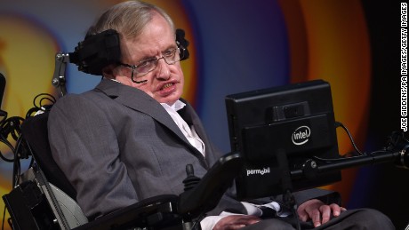 Stephen Hawking talks about his life and work during a public symposium to celebrate his 75th birthday at Lady Mitchell Hall in Cambridge. (Photo by Joe Giddens/PA Images via Getty Images)