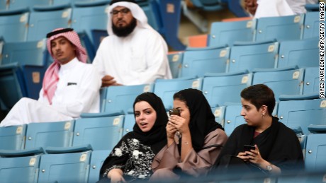 Saudi families sit in a stadium to attend an event in the capital Riyadh on September 23, 2017 commemorating the anniversary of the founding of the kingdom.
The national day celebration coincides with a crucial time for Saudi Arabia, which is in a battle for regional influence with arch-rival Iran, bogged down in a controversial military intervention in neighbouring Yemen and at loggerheads with fellow US Gulf ally Qatar. / AFP PHOTO / Fayez Nureldine        (Photo credit should read FAYEZ NURELDINE/AFP/Getty Images)