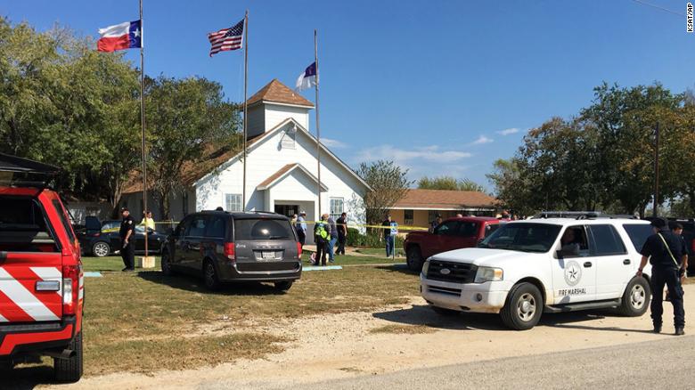 Emergency personnel respond to a fatal shooting at the First Baptist Church in Sutherland Springs, Texas, on Sunday, November 5. 